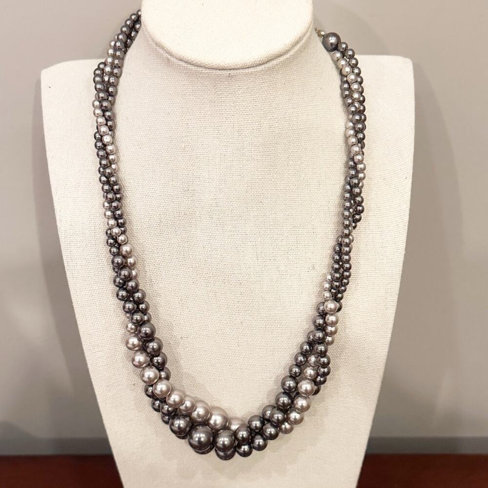 RMN Grey Triple Strand Pearl Necklace  Graduated Twist Signed 16-19" Long Preppy